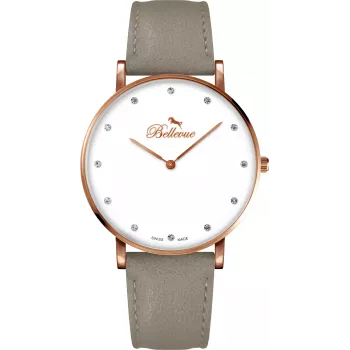 BELLEVUE Woman B56 40mm Quartz Analog Watch Stainless Steel Case Black Leather Strap