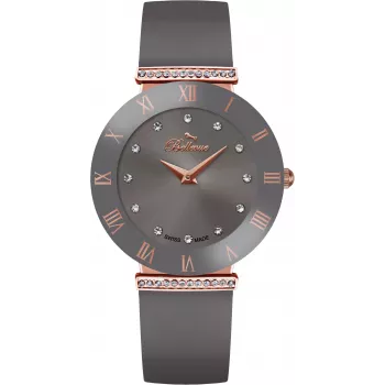 BELLEVUE Woman E112 Quartz Analog Watch 25mm Silver Dial Black Leather Strap