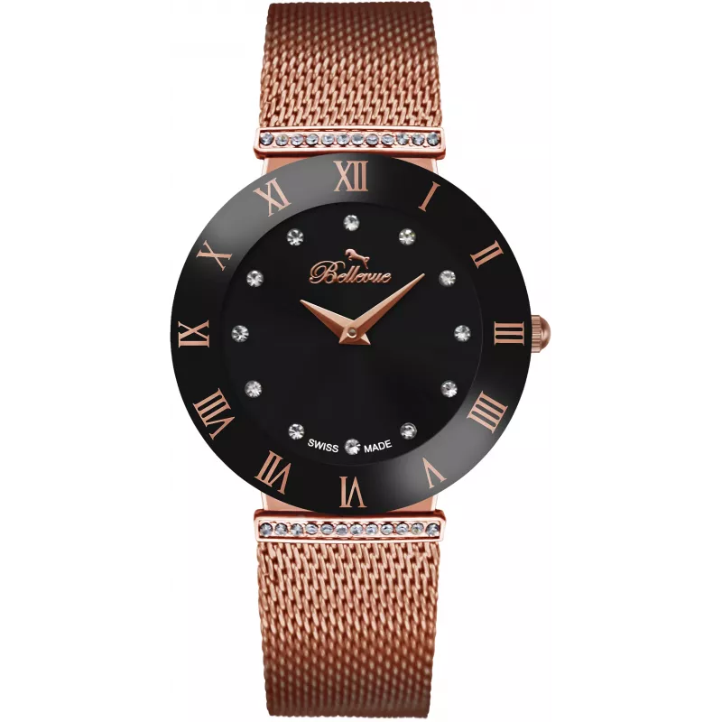 BELLEVUE Woman F102 26mm Quartz Analog Watch White Dial Black Leather Strap