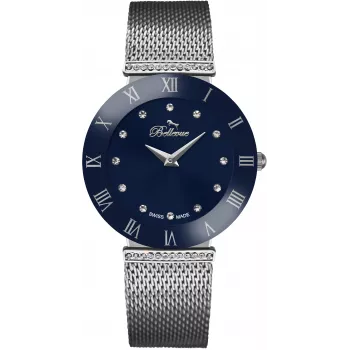 BELLEVUE Woman F130 Quartz Analog Watch 26mm Stainless Steel Case Leather Strap White Dial