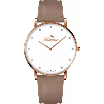 BELLEVUE Women's Quartz Analog Watch B53 40mm Stainless Steel Case Black Leather Strap