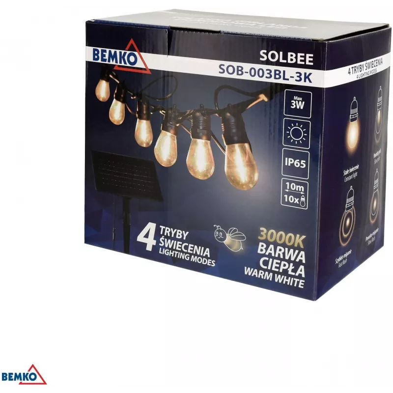 BEMKO SOLBEE Saulės energija varomi LED sodo girliandos 10 LED 10m Šilta balta 3000K IP65 Juoda