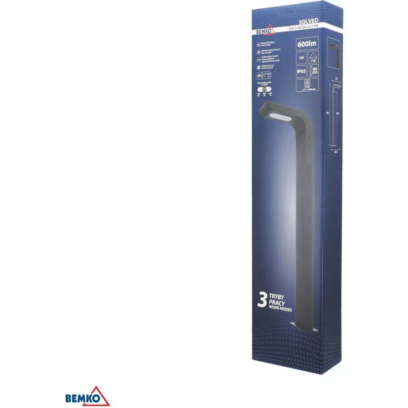 BEMKO SOLVEO Hybrid LED sodo prožektorius, 7W, 600lm, CCT 3000K/4000K/6500K, 80cm, IP65, tamsiai pilka, PIR jutiklis