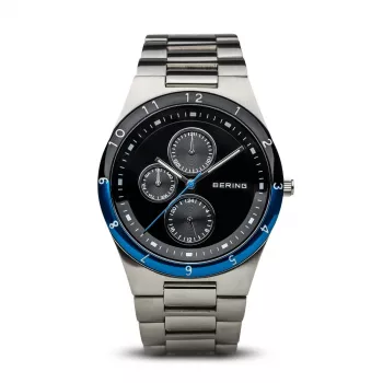 BERING Vyriškas klasikinis minimalistinis kvarcinis laikrodis 39mm titano korpusas mėlynas ciferblatas pilka nerūdijančio plieno tinklelio juosta 32339-702