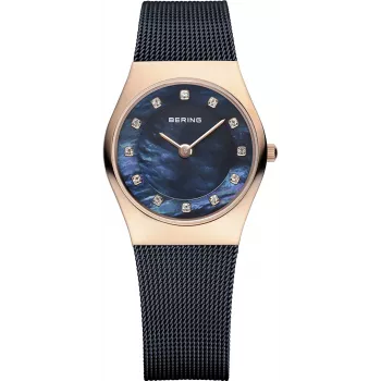 BERING Women's Classic Quartz Watch 26mm Rose Gold Stainless Steel Mesh Brown Sunray Dial