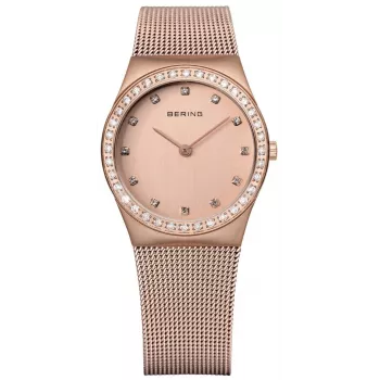 BERING moteriškas laikrodis 12430-366 30mm rožinio aukso nerūdijantis plienas rudas saulės spindulių ciferblatas