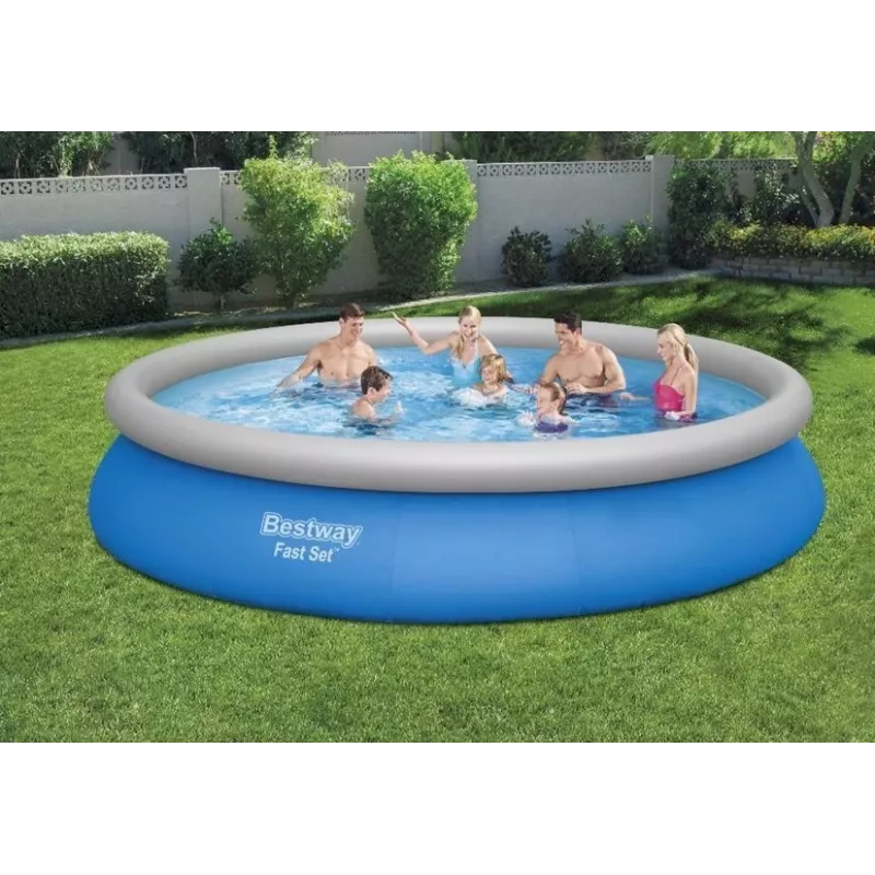 Bestway Fast Set Pool 457 x 84 cm (15 ft) Apvalus Pripučiamas Antžeminis Baseinas su Filtro Siurbliu, 11016 L Talpa, DuraPlus Dangos Sluoksnis, Prizminis Akmens Raštas