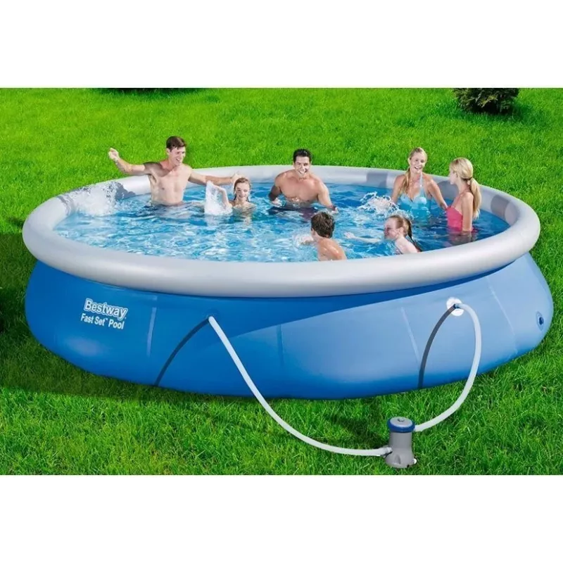 Bestway Fast Set Pool 457 x 84 cm (15 ft) Apvalus Pripučiamas Antžeminis Baseinas su Filtro Siurbliu, 11016 L Talpa, DuraPlus Dangos Sluoksnis, Prizminis Akmens Raštas