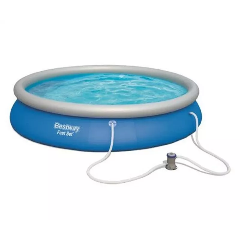 Bestway Fast Set Pool 457 x 84 cm (15 ft) Apvalus Pripučiamas Antžeminis Baseinas su Filtro Siurbliu, 11016 L Talpa, DuraPlus Dangos Sluoksnis, Prizminis Akmens Raštas