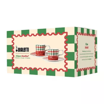 Bialetti Tricolore Espresso puodelių ir lėkštelių rinkinys (2 puodeliai, 2 lėkštelės)