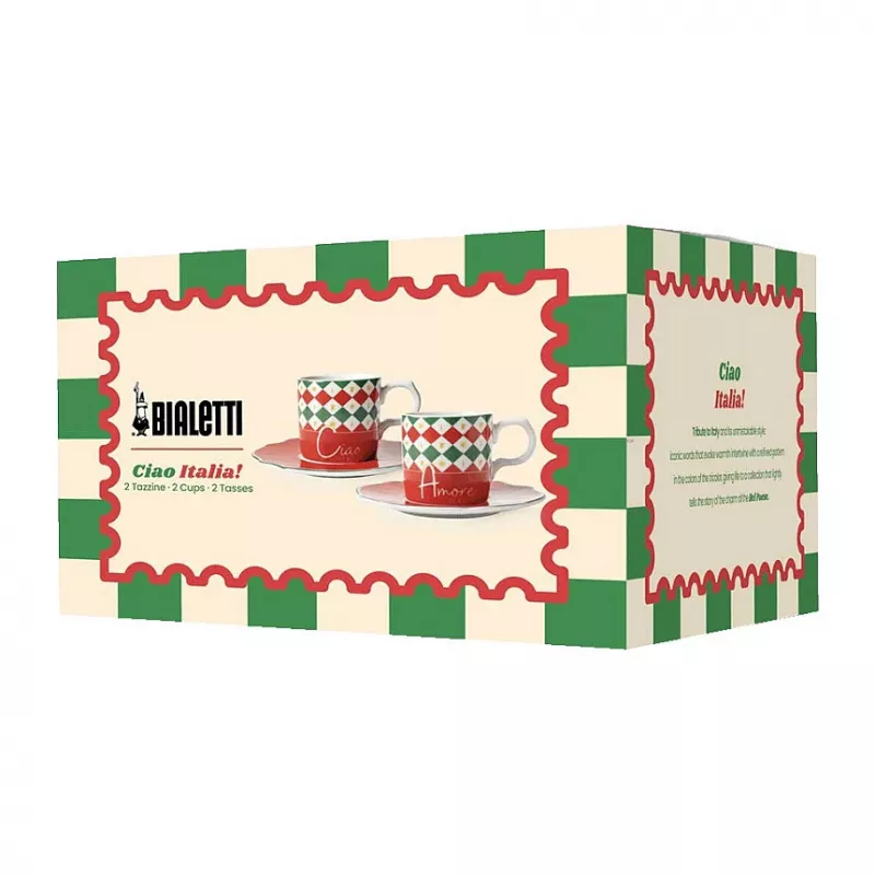 Bialetti Tricolore Espresso puodelių ir lėkštelių rinkinys (2 puodeliai, 2 lėkštelės)