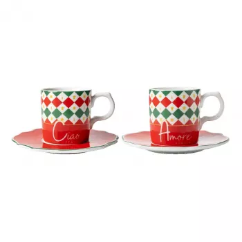 Bialetti Tricolore Espresso puodelių ir lėkštelių rinkinys (2 puodeliai, 2 lėkštelės)