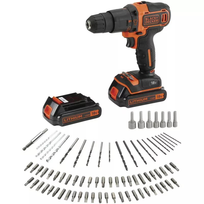 BLACK+DECKER 18V belaidis plaktukinis gręžtuvas-suktuvas BDCHD18BAFC, juoda/oranžinė, 2x 1,5 Ah ličio jonų baterijos, 80 dalių priedų rinkinys, dėklas