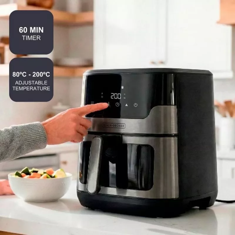 BLACK+DECKER BXAF8001E 8L skaitmeninis oro gruzdintuvas, 1700W, 8 programos, nelipni krepšelis, juodos spalvos