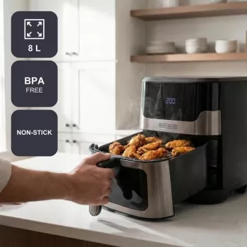 BLACK+DECKER BXAF8001E 8L skaitmeninis oro gruzdintuvas, 1700W, 8 programos, nelipni krepšelis, juodos spalvos
