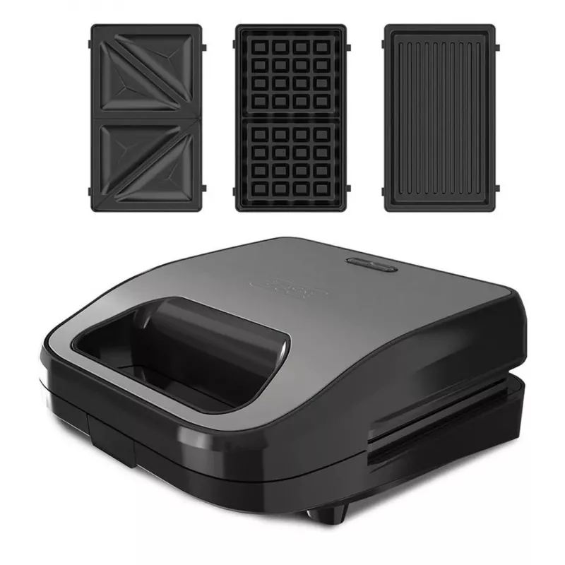BLACK+DECKER BXSA754E 3-in-1 sumuštinių kepimo aparatas, vaflių keptuvė ir grilis su 3 keičiamomis nepridegančiomis plokštėmis, 750 W, nerūdijantis plienas