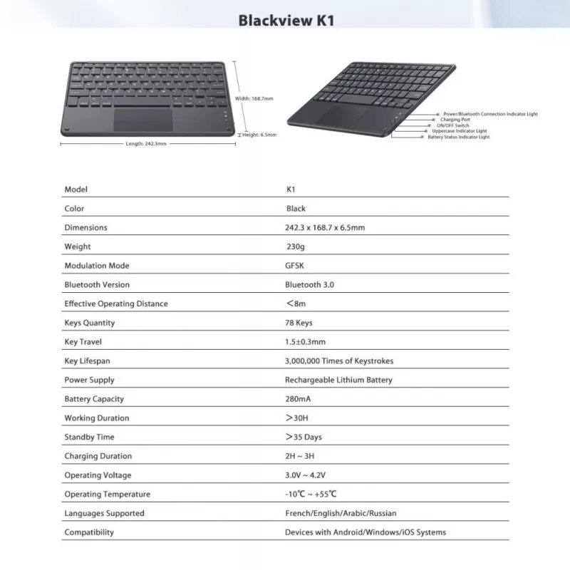 “Blackview K1 Bluetooth klaviatūra, belaidė, itin plona, 10 colių – 280 mAh baterija, Bluetooth 3.0, suderinama su Windows / Android / iOS, juoda pilka”