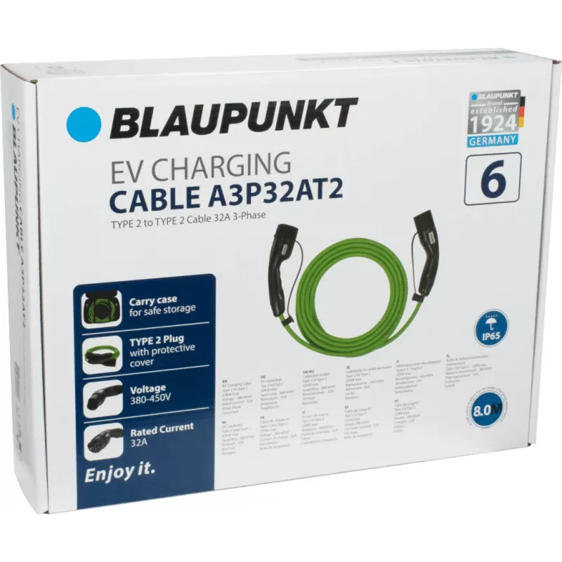 Blaupunkt Type 2 į Type 2 elektromobilio įkrovimo kabelis 8m 32A 3 fazių 22kW (A3P32AT2)