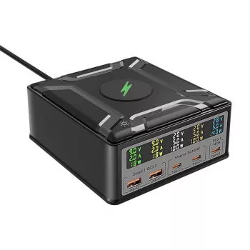 BlitzWolf BW-S28 260W GaN USB-C įkrovimo stotelė, 2xUSB-A, 3xUSB-C, 15W belaidis įkroviklis, juoda