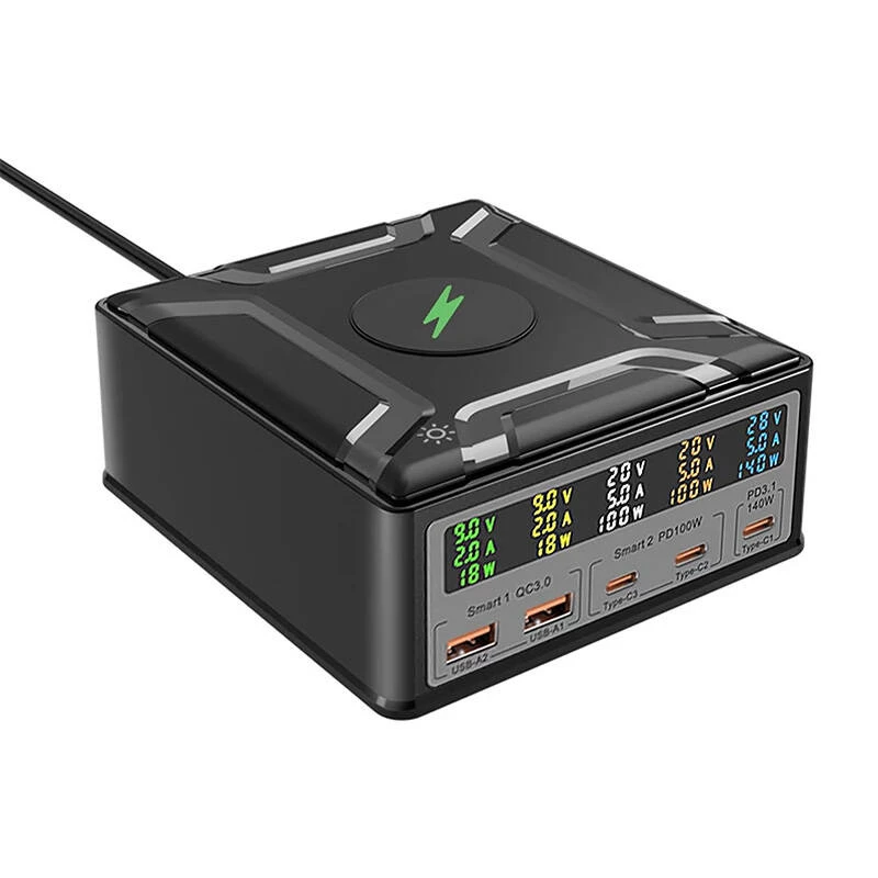 BlitzWolf BW-S28 260W GaN USB-C įkrovimo stotelė, 2xUSB-A, 3xUSB-C, 15W belaidis įkroviklis, juoda