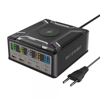 BlitzWolf BW-S28 260W GaN USB-C įkrovimo stotelė, 2xUSB-A, 3xUSB-C, 15W belaidis įkroviklis, juoda
