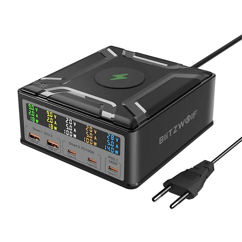 BlitzWolf BW-S28 260W GaN USB-C įkrovimo stotelė, 2xUSB-A, 3xUSB-C, 15W belaidis įkroviklis, juoda