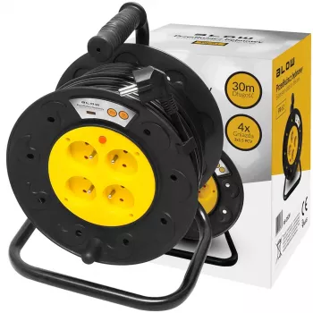 BLO PR-61 30m ilginimo laidas su rite, 4 įžeminti lizdai, šiluminė apsauga, 3x1,5mm² H05VV-F kabelis, IP20, 16A/230V, maks. 3680W išvyniojus