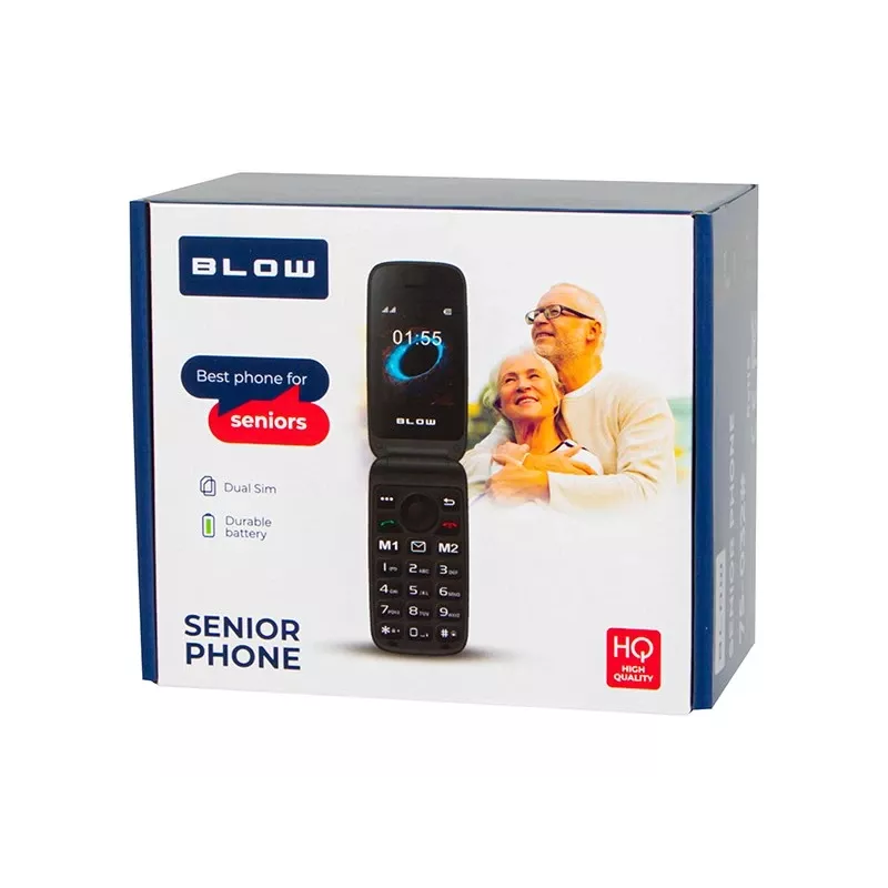 BLOW S24 juodas vyresnio amžiaus atverčiamas telefonas su SOS mygtuku, dideliais klavišais, dviem SIM kortelėmis, kamera, FM radiju, žibintuvėliu, įkrovimo stotele