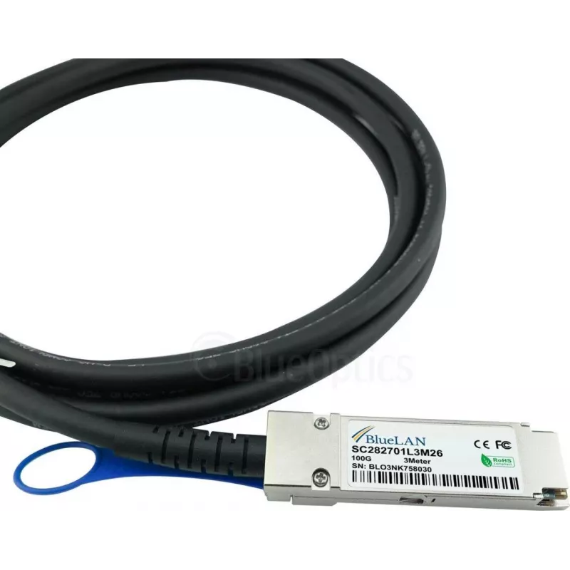 BlueOptics Dell EMC Compatible DAC-QSFP28-4SFP28-25G-BL Passive 100GBASE-CR4 QSFP28 į 4x25GBASE-CR SFP28 Direct Attach Breakout kabelis, 5m, AWG26