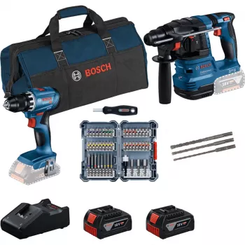 Bosch 18V Professional Set Rotary Hammer GBH 18V-22 + Drill Driver GSR 18V-45 - (mėlyna/juoda, 2x Li-Ion akumuliatorius 4.0Ah, gręžtuvinis plaktuko antgalis ir antgalių rinkinys, įrankių krepšys) (0615V0003D)