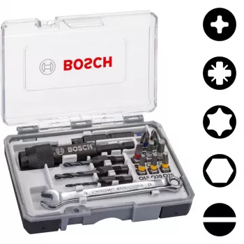 Bosch 2607002786 20 dalių atsuktuvų antgalių rinkinys su magnetiniu universaliu laikikliu, 25 mm S2 plieno antgaliai Phillips, Pozidriv, plyšiniams, Torx, Hex