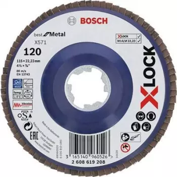 Bosch Accessories 2608619208 X-LOCK pluoštinis diskas Ø 115 mm, grūdėtumas 120, cirkonio aliuminio oksidas, skirtas nerūsējančiam plienui