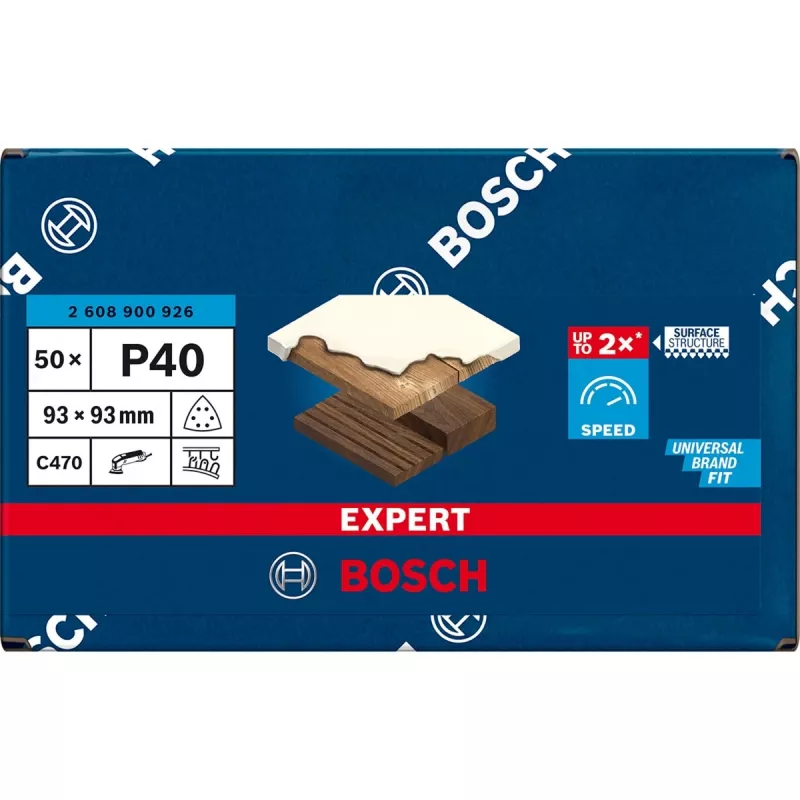 Bosch EXPERT C470 trikampis šlifavimo lapelis 93x93mm, grūdėtumas 40, 50 vnt. paketas delta šlifuokliams 2608900926