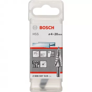Bosch HSS laiptinis grąžtas 4-20 mm, 3 plokščio kotas, 70,5 mm ilgis 2608597519