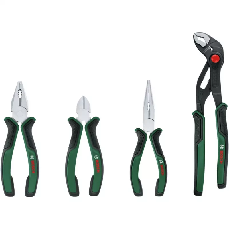 Bosch Powertools 4 dalių replių rinkinys 1600A02W7K su kombinuotomis, įstrižinėmis, smailianosėmis ir vandentiekio replėmis, žalia/juoda