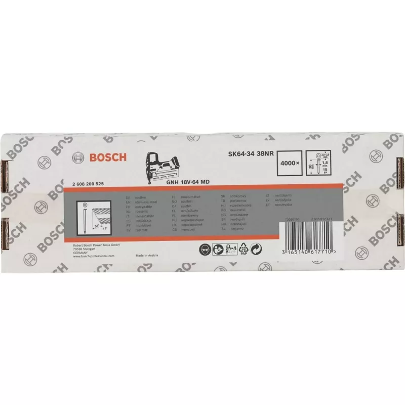 BOSCH POWERTOOLS Įgilintos galvutės apdailos vinys SK64-34 38NR, 34° / 1,8 mm / 15 ga (nerūdijantis plienas, 4000 vnt.)
