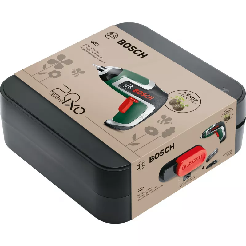 BOSCH Powertools IXO 7 Anniversary Set 3.6V belaidis atsuktuvas (žalia/juoda, Li-Ion 2.0Ah, antgalių rinkinys, sėklų rutuliukai, dėžutė)