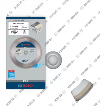 Bosch PRO Keraminis deimantinis pjovimo diskas, 250 mm skersmens, 30 mm anga (su 25,4 mm redukciniu žiedu), ištisinis kraštas, šlapiam/sausam pjovimui