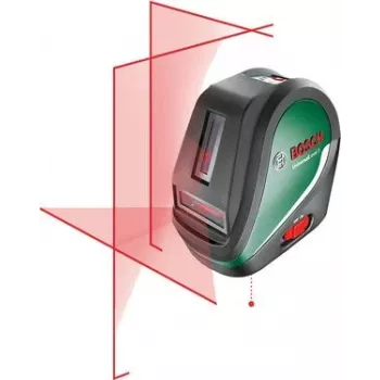 Bosch Universal Level 3 kryžminių linijų lazeris su svambalo taškais, 10 m nuotolis, raudonas spindulys, ±0,5 mm/m tikslumas, automatinis savaiminis išsilyginimas, 1/4 colio trikojo sriegis, 4x AA baterijos 0603663904