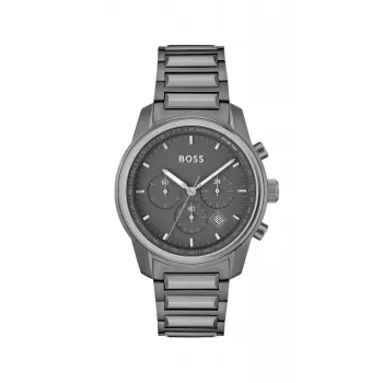 BOSS Vyriškas laikrodis 1514005 44mm Nerūdijančio plieno korpusas Mėlynas ciferblatas Ruda odinė juosta Chronografas Kvarcinis