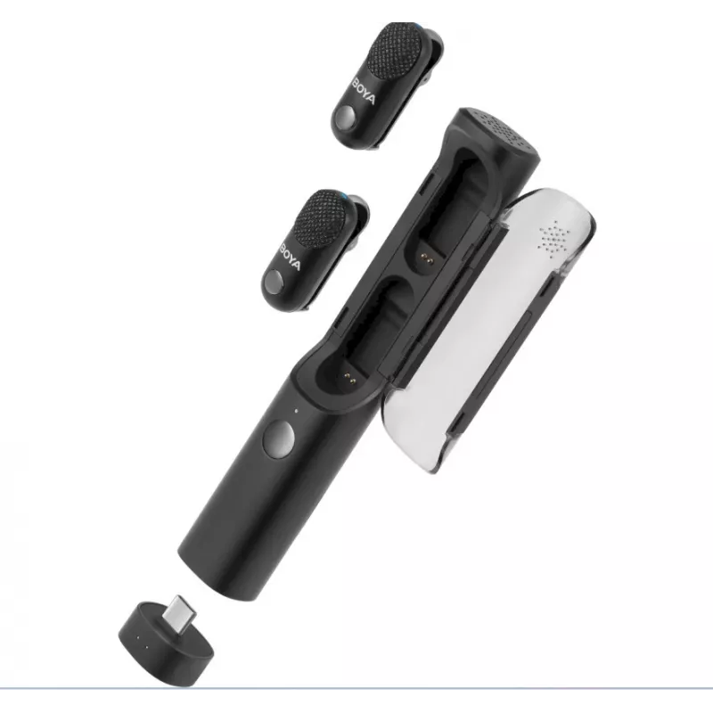 BOYA Magic-02 belaidžiai mikrofonai ausinės 2.4GHz USB-C/Lightning/3.5mm juoda