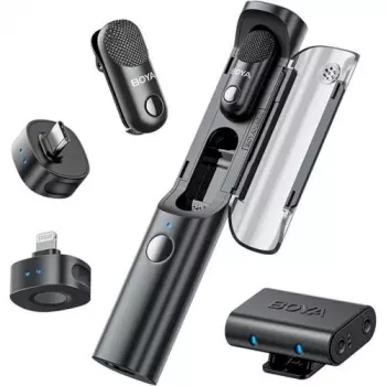 BOYA Magic-02 belaidžiai mikrofonai ausinės 2.4GHz USB-C/Lightning/3.5mm juoda