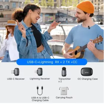 BOYA Mini 2-01 belaidė mikrofono sistema 2.4GHz su 2 siųstuvais ir 2 imtuvais (USB-C ir Lightning) juoda