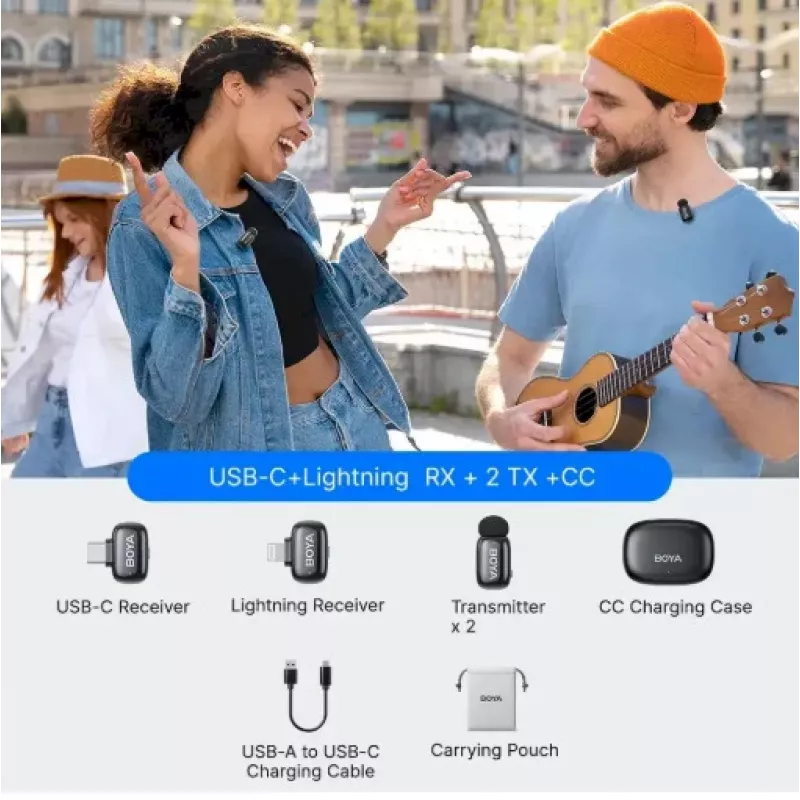 BOYA Mini 2-01 belaidė mikrofono sistema 2.4GHz su 2 siųstuvais ir 2 imtuvais (USB-C ir Lightning) juoda