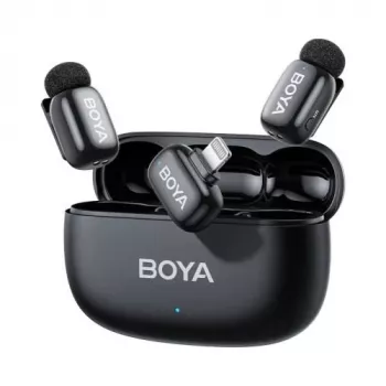 BOYA Mini 2-03 belaidė mikrofonų sistema 2.4GHz, AI triukšmo slopinimas, 2 siųstuvai + 1 Lightning imtuvas, juoda