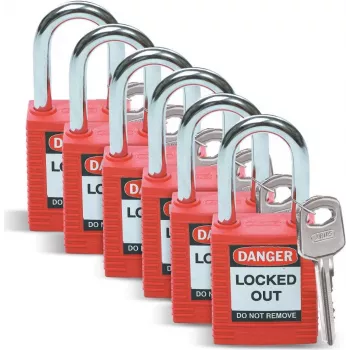 Brady Lockout saugos spynų rinkinys, nailono korpusas, plieninis lankas, skirtingi raktai, raudonos spalvos, 6 vnt. (051339)