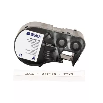 BRADY M4C-187-342 Termosusitraukiančių žymeklių kasetė – baltas vamzdelis su juodu spaudu, 2,13 m ritinys, suderinama su BMP41/BMP51/BMP53/M511