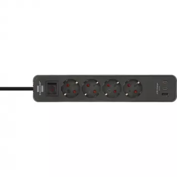 Brennenstuhl Ecolor 4-ių lizdų ilgintuvas su 2x USB-C, 1x USB-A, 1,5 m laidu, apsauginiu jungikliu, juoda/antracito spalva