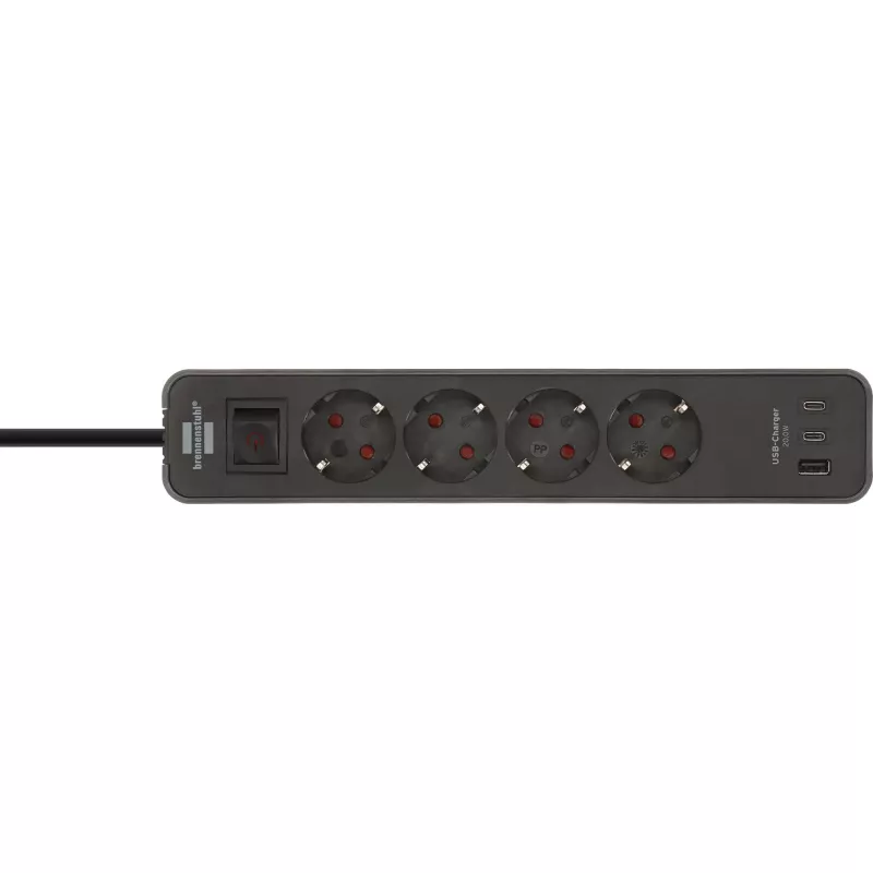 Brennenstuhl Ecolor 4-ių lizdų ilgintuvas su 2x USB-C, 1x USB-A, 1,5 m laidu, apsauginiu jungikliu, juoda/antracito spalva