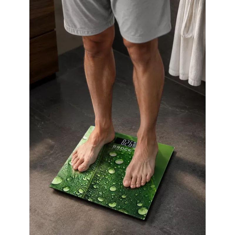 Brock BS 003 skaitmeninės vonios svarstyklės su grūdinto stiklo platforma, 180 kg talpa, LCD ekranu, baterijos pridedamos